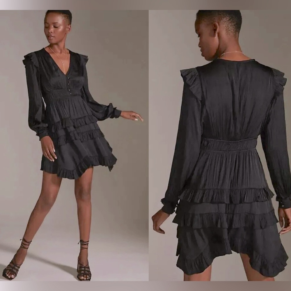 Anthropologie Black Ruffle-Tiered V-Neck Mini Dress